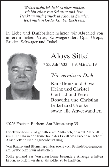 Anzeige von Aloys Sittel von  Sonntags-Post 