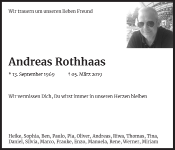 Anzeige von Andreas Rothhaas von Kölner Stadt-Anzeiger / Kölnische Rundschau / Express
