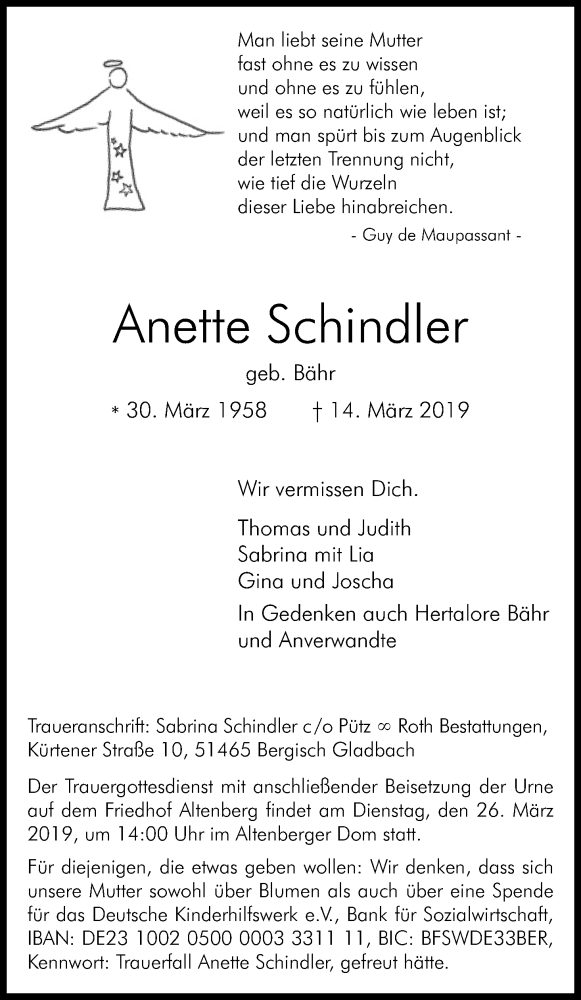  Traueranzeige für Anette Schindler vom 23.03.2019 aus Kölner Stadt-Anzeiger / Kölnische Rundschau / Express