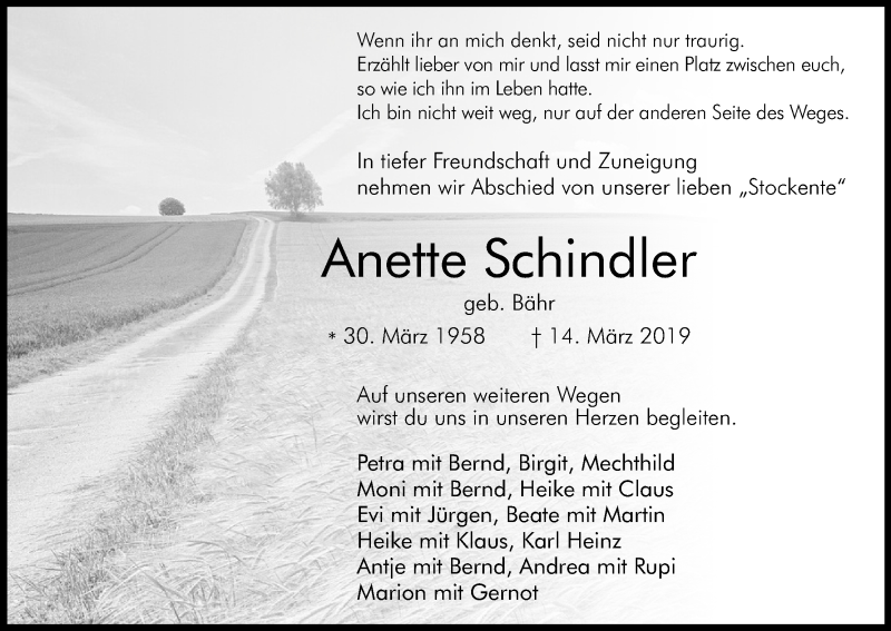  Traueranzeige für Anette Schindler vom 23.03.2019 aus Kölner Stadt-Anzeiger / Kölnische Rundschau / Express