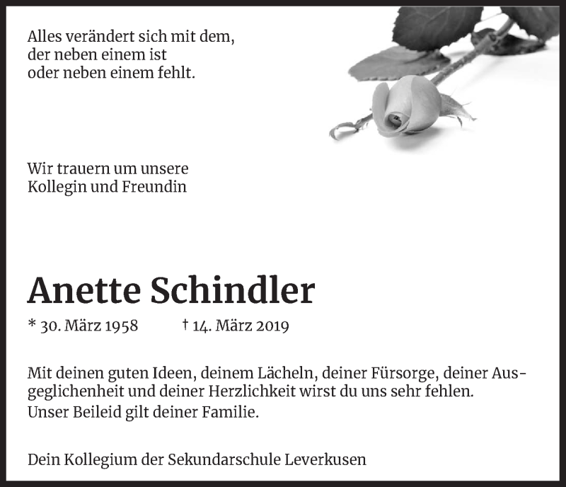 Traueranzeige für Anette Schindler vom 23.03.2019 aus Kölner Stadt-Anzeiger / Kölnische Rundschau / Express