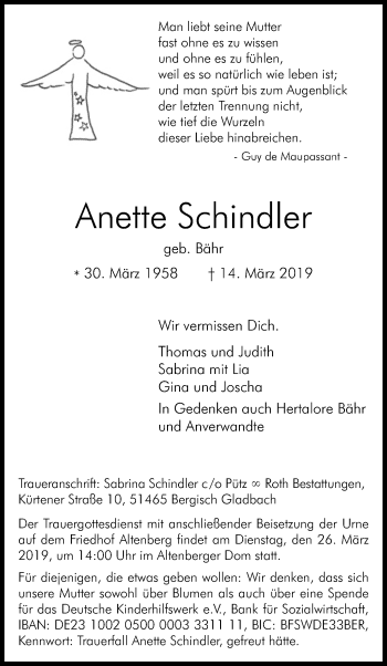 Anzeige von Anette Schindler von Kölner Stadt-Anzeiger / Kölnische Rundschau / Express
