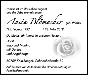 Anzeige von Anita Blömacher von Kölner Stadt-Anzeiger / Kölnische Rundschau / Express