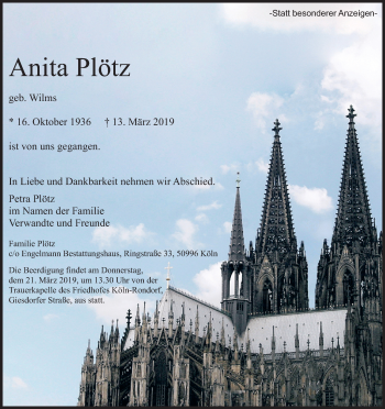 Anzeige von Anita Plötz von Kölner Stadt-Anzeiger / Kölnische Rundschau / Express