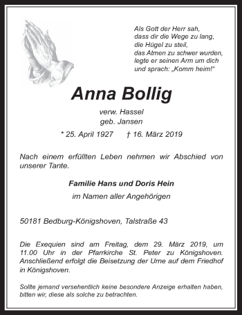 Anzeige von Anna Bollig von  Werbepost 