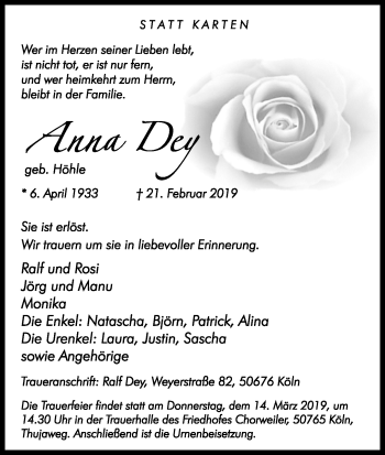 Anzeige von Anna Dey von Kölner Stadt-Anzeiger / Kölnische Rundschau / Express