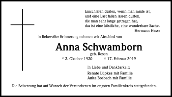 Anzeige von Anna Schwamborn von Kölner Stadt-Anzeiger / Kölnische Rundschau / Express