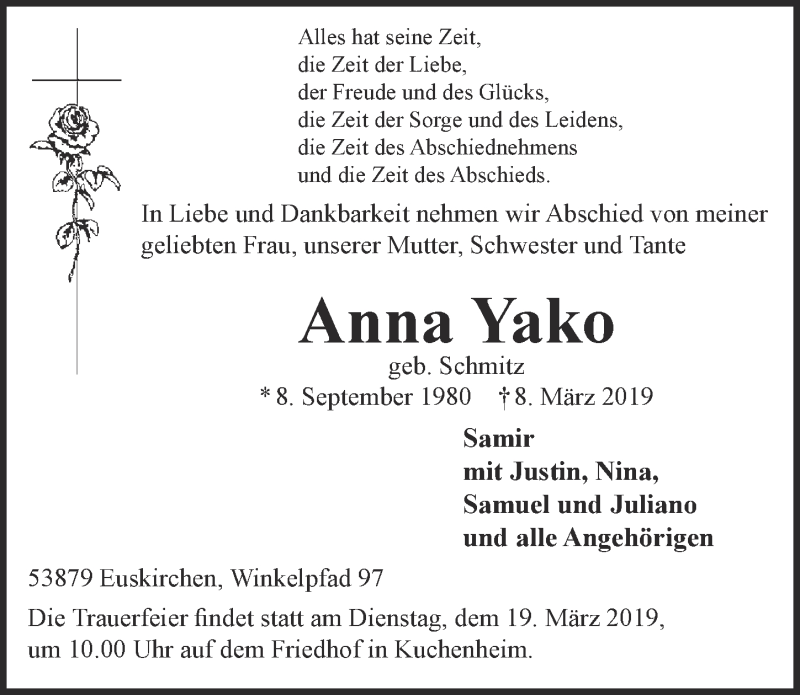  Traueranzeige für Anna Yako vom 16.03.2019 aus  Blickpunkt Euskirchen 
