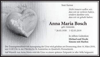 Anzeige von Anna Maria Bosch von  Sonntags-Post 