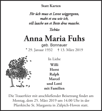 Anzeige von Anna Maria Fuhs von  Blickpunkt Euskirchen 