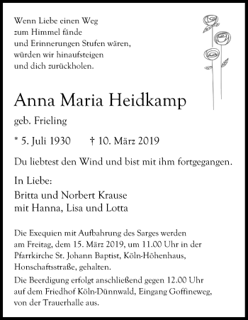 Anzeige von Anna Maria Heidkamp von Kölner Stadt-Anzeiger / Kölnische Rundschau / Express