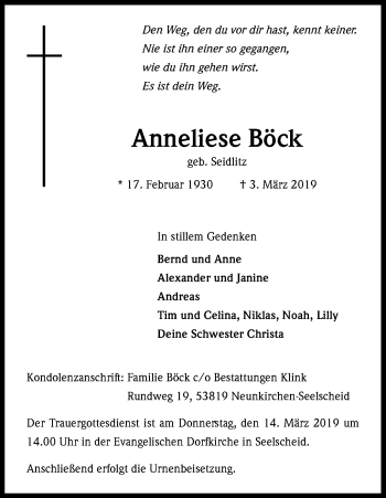 Anzeige von Anneliese Böck von Kölner Stadt-Anzeiger / Kölnische Rundschau / Express