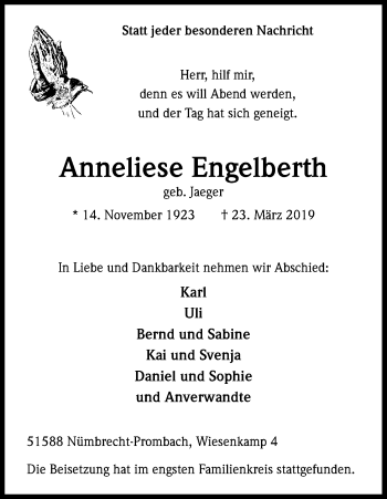 Anzeige von Anneliese Engelberth von Kölner Stadt-Anzeiger / Kölnische Rundschau / Express
