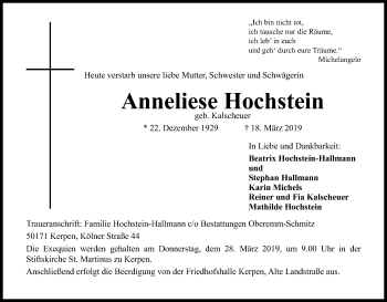 Anzeige von Anneliese Hochstein von Kölner Stadt-Anzeiger / Kölnische Rundschau / Express