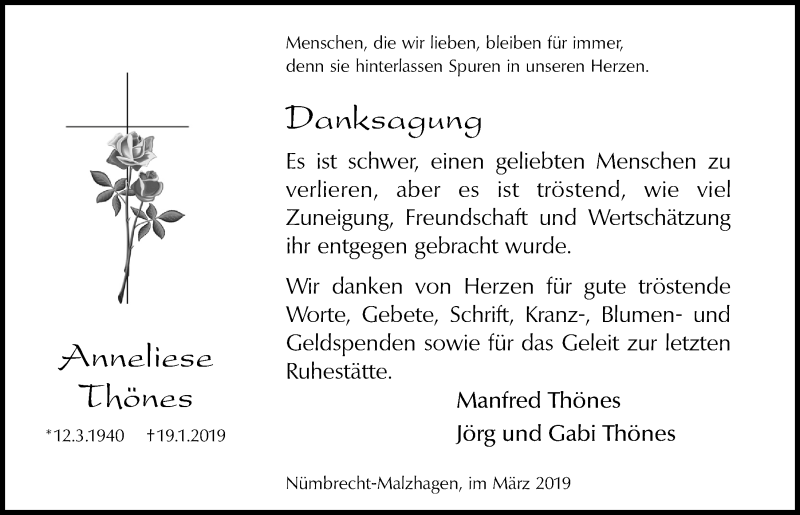  Traueranzeige für Anneliese Thönes vom 13.03.2019 aus  Lokalanzeiger 