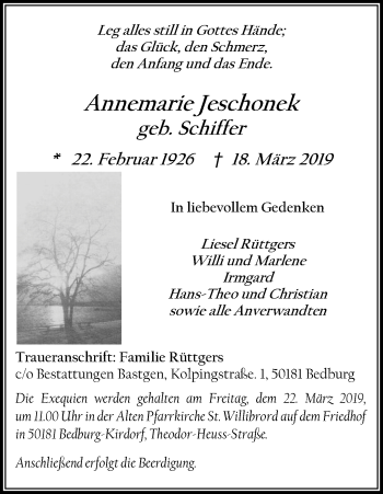Anzeige von Annemarie Jeschonek von Kölner Stadt-Anzeiger / Kölnische Rundschau / Express
