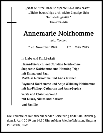 Anzeige von Annemarie Noirhomme von Kölner Stadt-Anzeiger / Kölnische Rundschau / Express