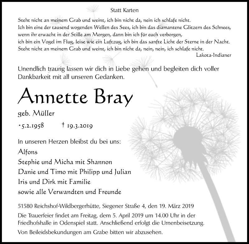  Traueranzeige für Annette Bray vom 23.03.2019 aus Kölner Stadt-Anzeiger / Kölnische Rundschau / Express