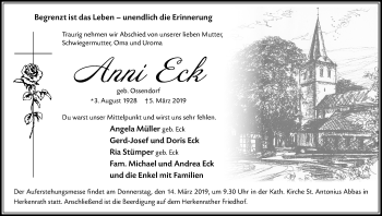 Anzeige von Anni Eck von Kölner Stadt-Anzeiger / Kölnische Rundschau / Express