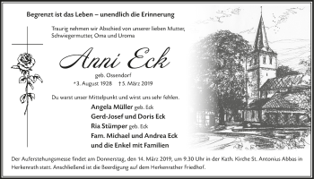 Anzeige von Anni Eck von  Bergisches Sonntagsblatt 