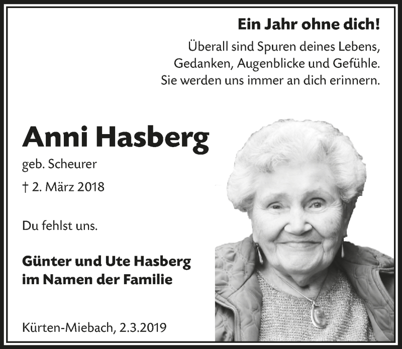  Traueranzeige für Anni Hasberg vom 18.07.2023 aus  Bergisches Sonntagsblatt 