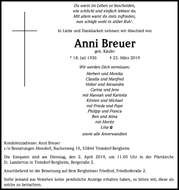 Anzeige von Anni Breuer  von Kölner Stadt-Anzeiger / Kölnische Rundschau / Express