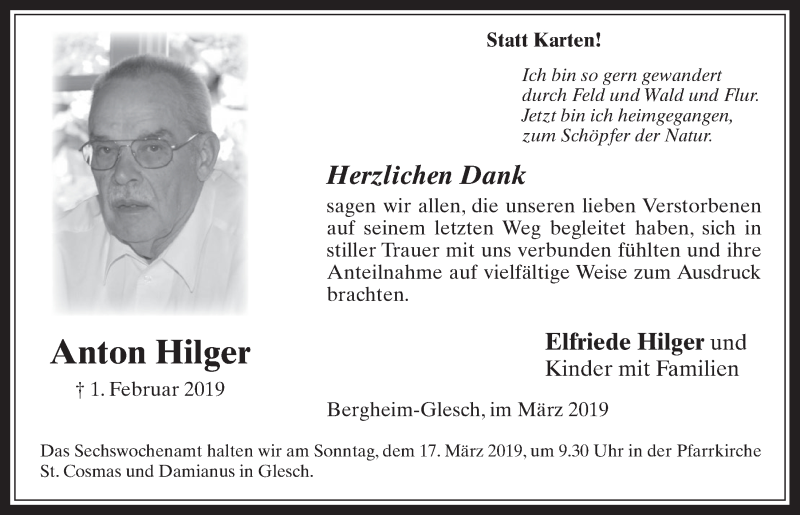 Traueranzeige für Anton Hilger vom 13.03.2019 aus  Werbepost 
