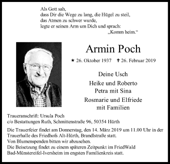 Anzeige von Armin Poch von Kölner Stadt-Anzeiger / Kölnische Rundschau / Express