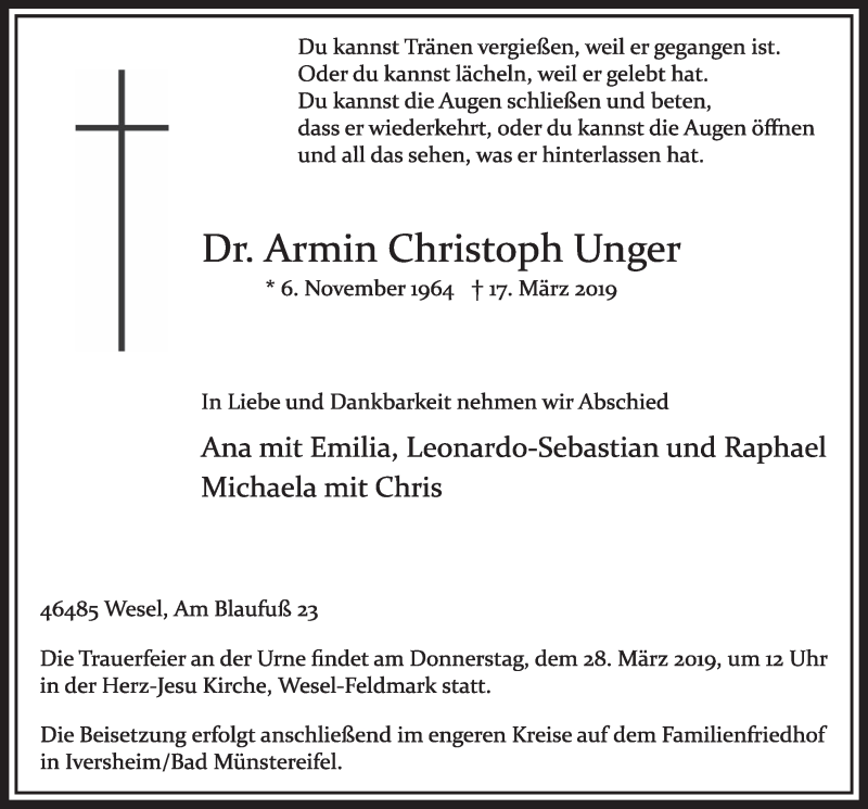  Traueranzeige für Armin Christoph Unger vom 23.03.2019 aus  Sonntags-Post 