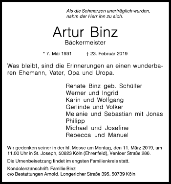 Anzeige von Artur Binz von Kölner Stadt-Anzeiger / Kölnische Rundschau / Express