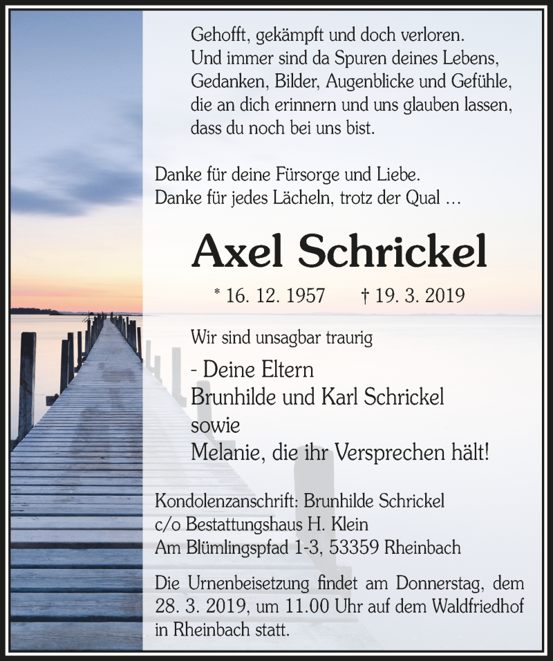  Traueranzeige für Axel Schrickel vom 27.03.2019 aus  Schaufenster/Blickpunkt 