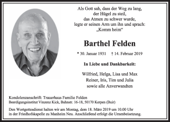 Anzeige von Barthel Felden von  Sonntags-Post 