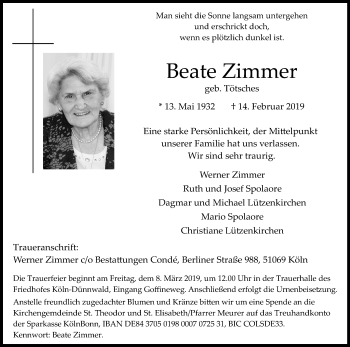 Anzeige von Beate Zimmer von Kölner Stadt-Anzeiger / Kölnische Rundschau / Express