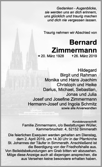 Anzeige von Bernard Zimmermann von  Sonntags-Post 