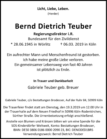 Anzeige von Bernd Dietrich Teuber von Kölner Stadt-Anzeiger / Kölnische Rundschau / Express