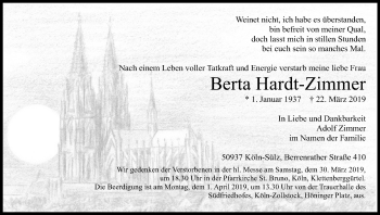 Anzeige von Berta Hardt-Zimmer von Kölner Stadt-Anzeiger / Kölnische Rundschau / Express
