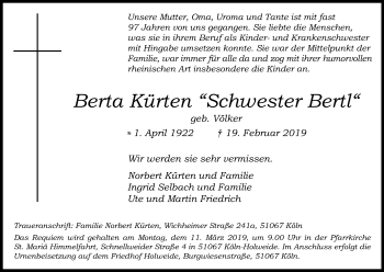 Anzeige von Berta Kürten von Kölner Stadt-Anzeiger / Kölnische Rundschau / Express