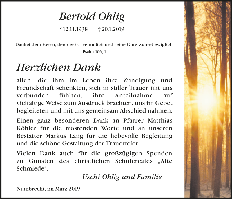  Traueranzeige für Bertold Ohlig vom 27.03.2019 aus  Lokalanzeiger 