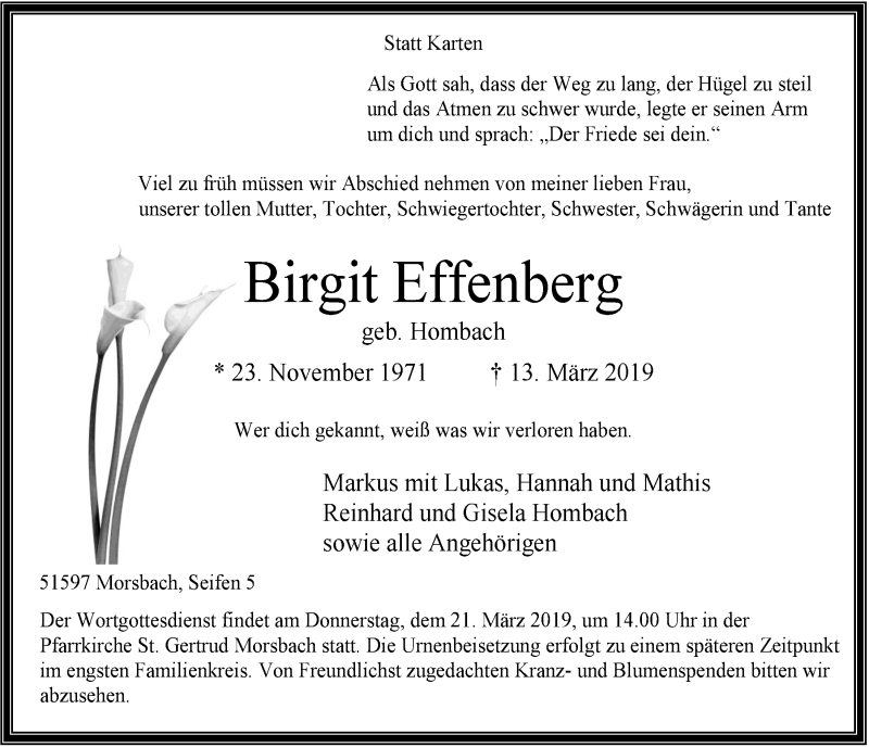 Traueranzeige für Birgit Effenberg vom 20.03.2019 aus  Lokalanzeiger 