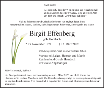 Anzeige von Birgit Effenberg von Kölner Stadt-Anzeiger / Kölnische Rundschau / Express