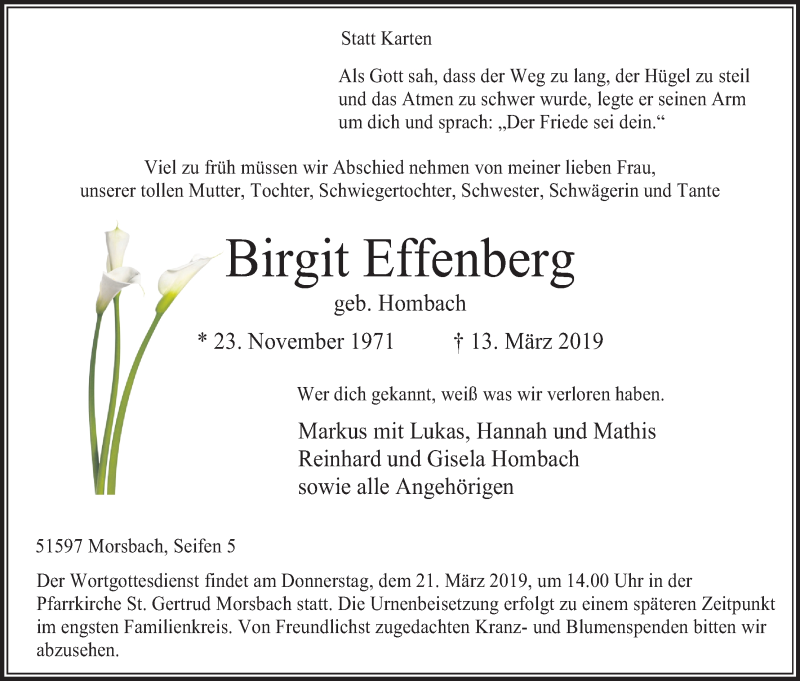  Traueranzeige für Birgit Effenberg vom 16.03.2019 aus Kölner Stadt-Anzeiger / Kölnische Rundschau / Express