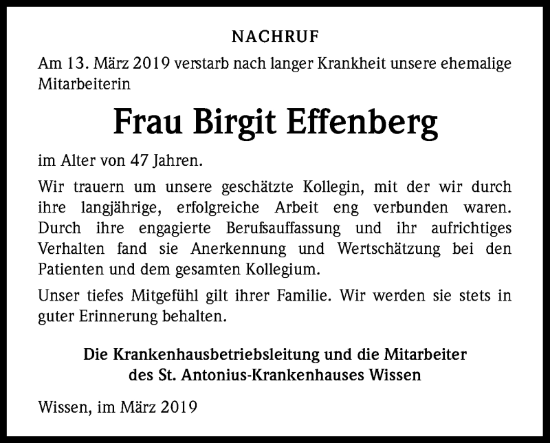  Traueranzeige für Birgit Effenberg vom 23.03.2019 aus Kölner Stadt-Anzeiger / Kölnische Rundschau / Express