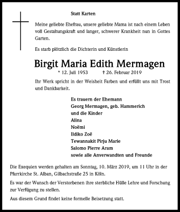 Anzeige von Birgit Maria Edith Mermagen von Kölner Stadt-Anzeiger / Kölnische Rundschau / Express