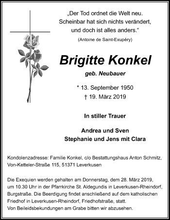 Anzeige von Brigitte Konkel von Kölner Stadt-Anzeiger / Kölnische Rundschau / Express