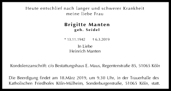 Anzeige von Brigitte Manten von Kölner Stadt-Anzeiger / Kölnische Rundschau / Express