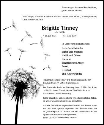 Anzeige von Brigitte Tinney von Kölner Stadt-Anzeiger / Kölnische Rundschau / Express