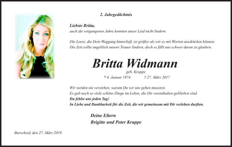  Traueranzeige für Britta Widmann vom 27.03.2019 aus Kölner Stadt-Anzeiger / Kölnische Rundschau / Express