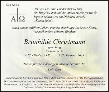 Anzeige von Brunhilde Christmann von Kölner Stadt-Anzeiger / Kölnische Rundschau / Express