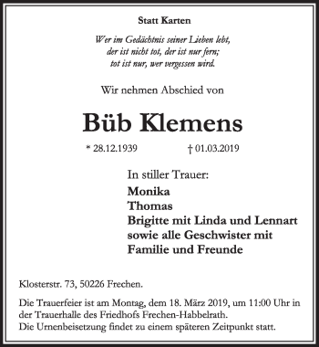 Anzeige von Büb Klemens von  Sonntags-Post 