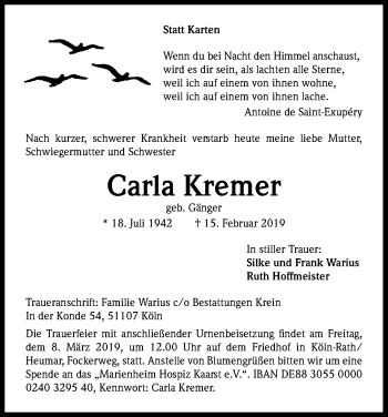 Anzeige von Carla Kremer von Kölner Stadt-Anzeiger / Kölnische Rundschau / Express